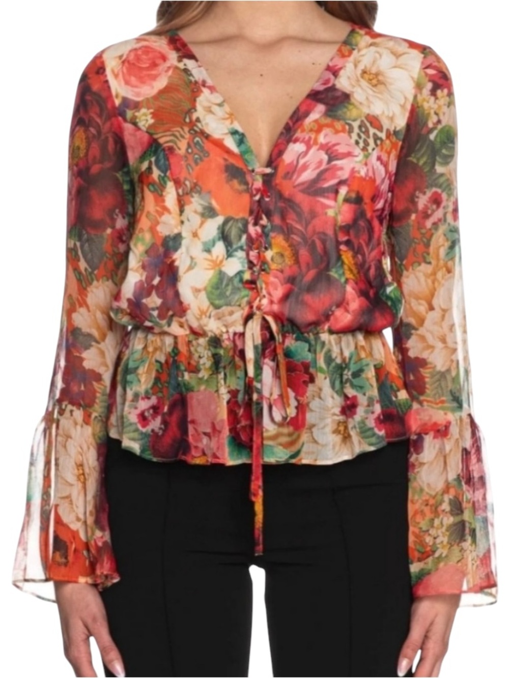 Guess peony animal print lace up peplum blouse